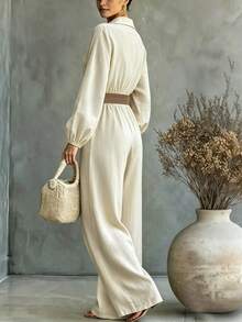 LUMIGAL Spring/Autumn New Commute Vacation Date Solid Color Women's Lapel Button Long Sleeve Cinched Waist Loose Wide Leg Jumpsuit - Apricot - View 2