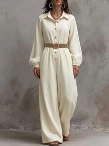 LUMIGAL Spring/Autumn New Commute Vacation Date Solid Color Women's Lapel Button Long Sleeve Cinched Waist Loose Wide Leg Jumpsuit - Apricot - View 7