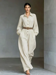 LUMIGAL Spring/Autumn New Commute Vacation Date Solid Color Women's Lapel Button Long Sleeve Cinched Waist Loose Wide Leg Jumpsuit - Apricot - View 1