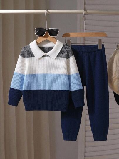 Young Boys Autumn/Winter Knit Sweater Set, Turn Collar, Cute And Elegant, Blue And White Color Block,Holiday Outfits Back To School