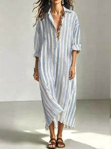 SHEIN Holidaya Women's Casual Striped Shirt Collar Dress - Blue and White - View 4
