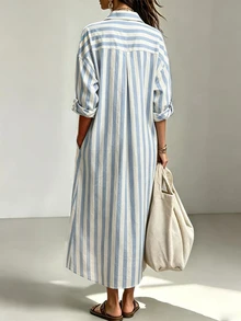 SHEIN Holidaya Women's Casual Striped Shirt Collar Dress - Blue and White - View 3