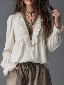 SHEIN Holidaya Women's Bohemian V-Neck Half-Button Ruffle Blouse, Lace Patchwork Bell Sleeve Vintage Top - Apricot - View 3