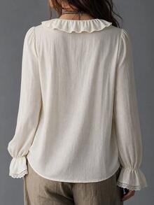 SHEIN Holidaya Women's Bohemian V-Neck Half-Button Ruffle Blouse, Lace Patchwork Bell Sleeve Vintage Top - Apricot - View 2