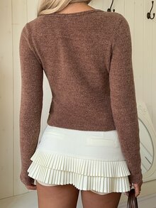 CovetEZ 女款純色百搭長袖T恤，適合度假、日常與街頭穿著，休閒室內居家日常穿搭，摩卡棕色，秋季 - 棕色 - 查看 6