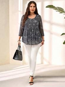 EMERY ROSE Plus Size Women Navy Floral Print 3/4 Sleeve Shirt,Summer Outfits For Women - Grey - View 4