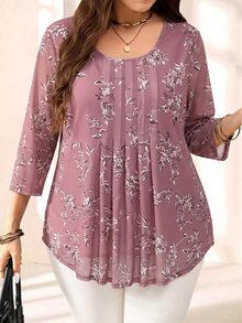 EMERY ROSE Plus Size Women Navy Floral Print 3/4 Sleeve Shirt,Summer Outfits For Women Fall - Dusty Pink - View 3