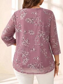 EMERY ROSE Plus Size Women Navy Floral Print 3/4 Sleeve Shirt,Summer Outfits For Women Fall - Dusty Pink - View 2