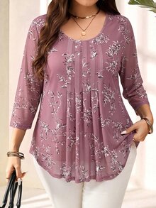 EMERY ROSE Plus Size Women Navy Floral Print 3/4 Sleeve Shirt,Summer Outfits For Women Fall - Dusty Pink - View 1