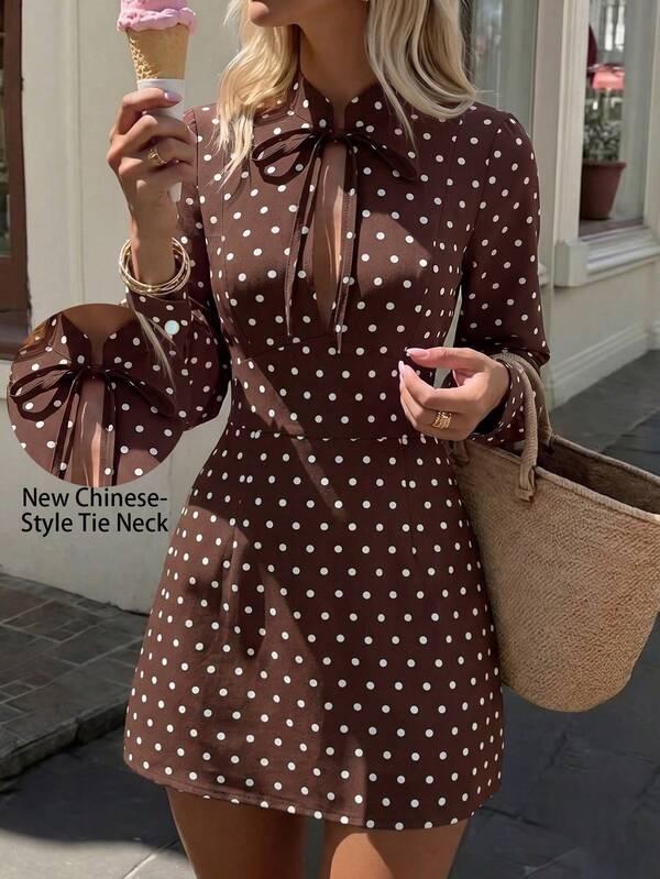 SHEIN PariChic Women's Polka Dot Pattern Tie Neck Long Sleeve Elegant Dress