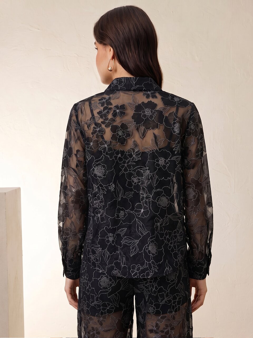 Modern Vintage Style Semi-Sheer Floral Loose Long Pants With Long Sleeve Top, Women's 2-Piece Set For Commute And Office Wear, Autumn Outfits For Women, Casual Sets For Women, Holiday Outfits