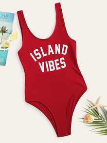 SHEIN Swim 2025年海滩度假字母印花连体泳衣 - 紅色 - 查看 2
