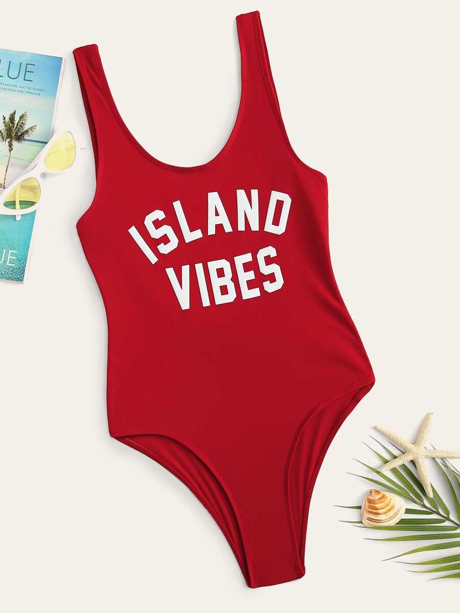 SHEIN Swim 2025年海滩度假字母印花连体泳衣