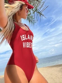 SHEIN Swim 2025年海滩度假字母印花连体泳衣 - 紅色 - 查看 6