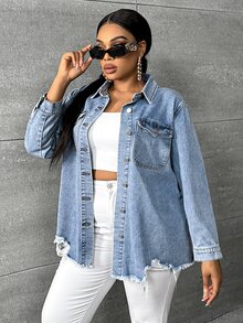 Slaydiva Plus Flap Pocket Raw Hem Denim Jacket - Light Wash - View 3