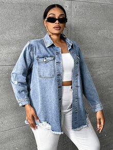 Slaydiva Plus Flap Pocket Raw Hem Denim Jacket - Light Wash - View 5