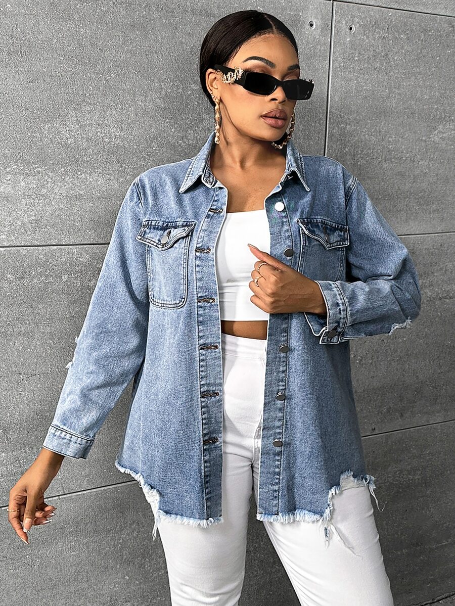 Slaydiva Plus Flap Pocket Raw Hem Denim Jacket - Light Wash - View 1