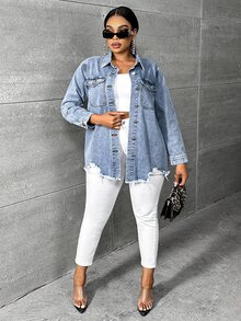 Slaydiva Plus Flap Pocket Raw Hem Denim Jacket - Light Wash - View 4