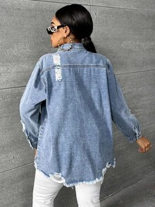 Slaydiva Plus Flap Pocket Raw Hem Denim Jacket - Light Wash - View 2