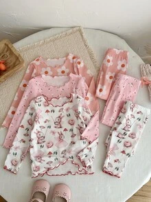 SHEIN Baby Girl Knitted Cute Rabbit Floral Pattern Ruffle Collar Casual T-Shirt And Long Pants Home Wear 6pcs -Piece Set,Fall - Multicolor - View 5