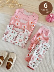SHEIN Baby Girl Knitted Cute Rabbit Floral Pattern Ruffle Collar Casual T-Shirt And Long Pants Home Wear 6pcs -Piece Set,Fall - Multicolor - View 1