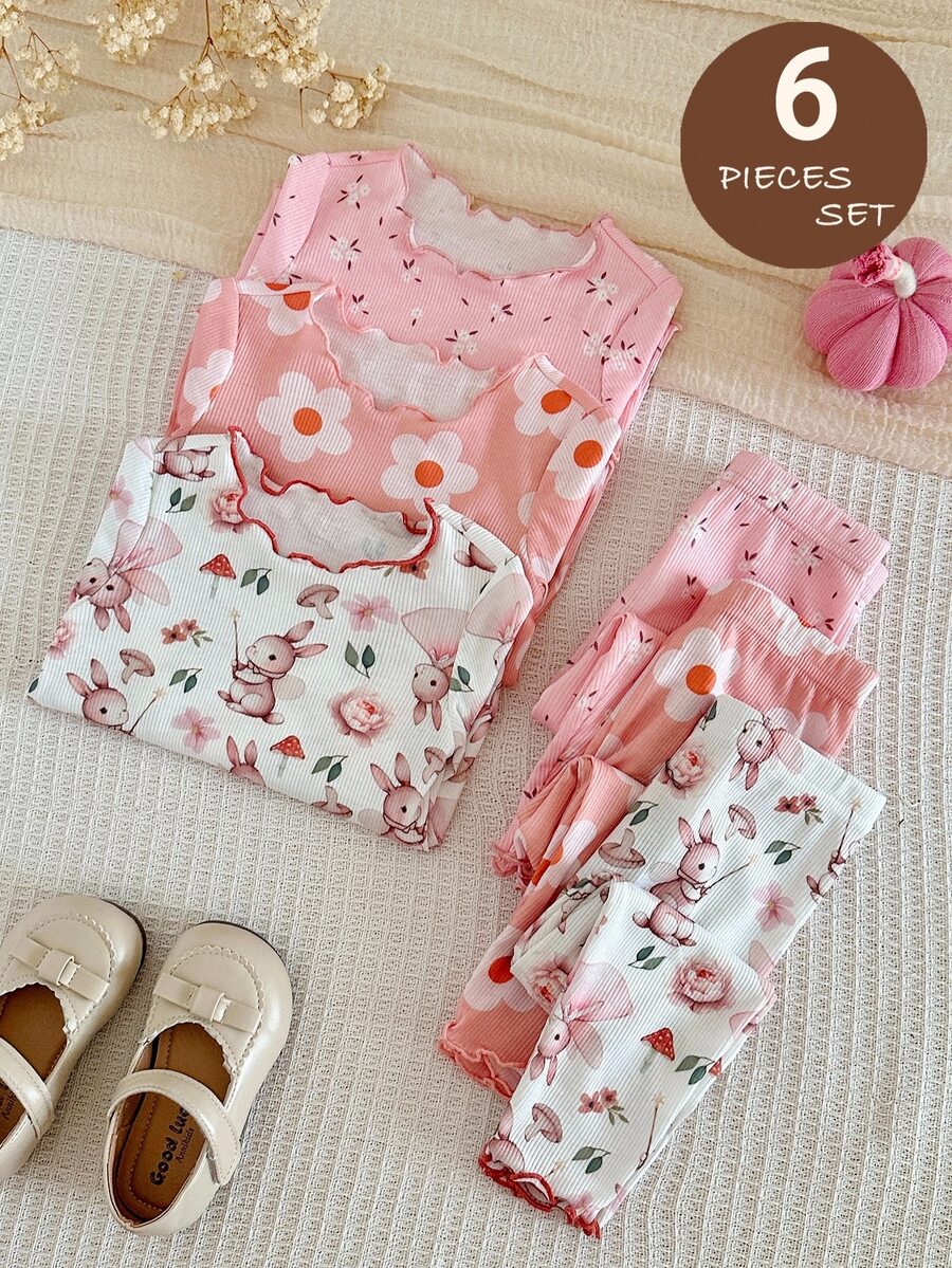 SHEIN Baby Girl Knitted Cute Rabbit Floral Pattern Ruffle Collar Casual T-Shirt And Long Pants Home Wear 6pcs -Piece Set,Fall - Multicolor - View 1