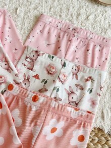 SHEIN Baby Girl Knitted Cute Rabbit Floral Pattern Ruffle Collar Casual T-Shirt And Long Pants Home Wear 6pcs -Piece Set,Fall - Multicolor - View 4