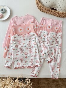SHEIN Baby Girl Knitted Cute Rabbit Floral Pattern Ruffle Collar Casual T-Shirt And Long Pants Home Wear 6pcs -Piece Set,Fall - Multicolor - View 2
