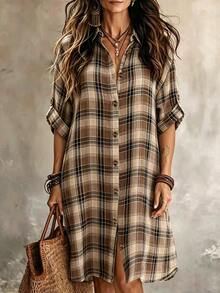 Linhara CURVE Big Size Casual Vacation Daily Commuting And Office Wear Simple Summer Fashionable Women's Dress - Brown - View 1