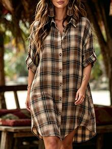 Linhara CURVE Big Size Casual Vacation Daily Commuting And Office Wear Simple Summer Fashionable Women's Dress - Brown - View 5