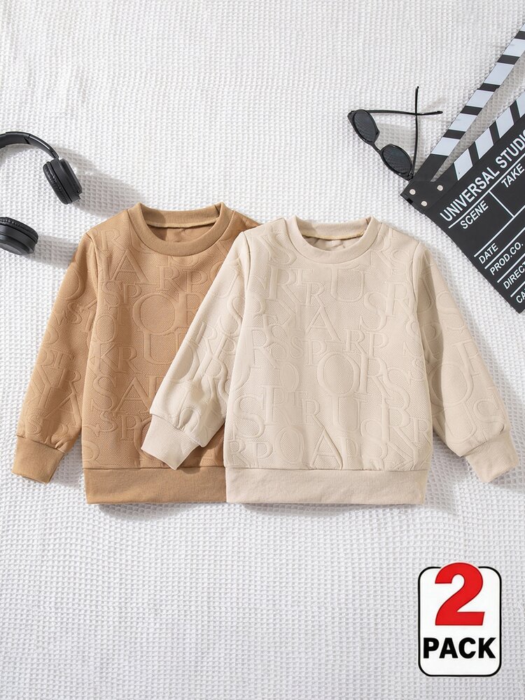 SHEIN 2pcs Boys Crew Neck Sweatshirt Set, Khaki Brown And Beige Colors Available, Body Covered With 3D Embossed Letter Texture, Creating A Textured Layered Look With Strong Design Sense. Loose Fit Crew Neck And Dropped Shoulder Cut Without Restricting Young Boy Movement, Ribbed Cuffs And Hem Resistant To Deformation, Suitable For Daily School, Casual Outings, Simple Earth Tone Versatile And Durable - Khaki - View 3