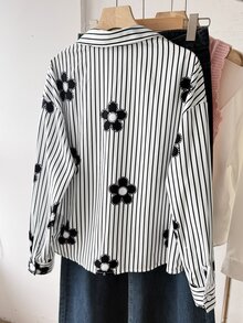 SHEIN 青少年女孩黑白條紋花卉印花寬鬆長袖襯衫，秋季學院風 - 黑與白 - 查看 4