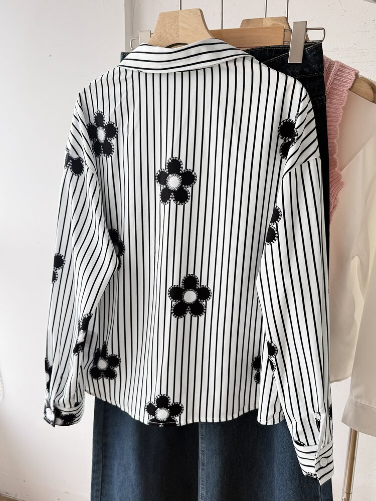 SHEIN Teen Girls Black & White Striped Flower Print Loose Long Sleeve Shirt, Autumn Preppy - Black and White - View 4
