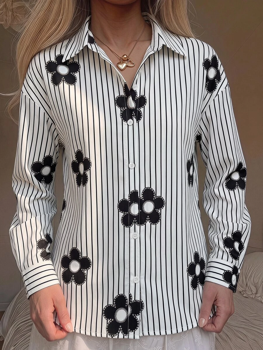 SHEIN 青少年女孩黑白條紋花卉印花寬鬆長袖襯衫,秋季學院風 - 黑與白 - 查看 1