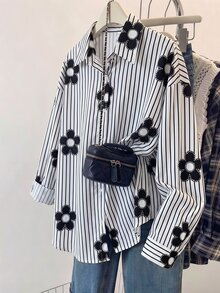 SHEIN 青少年女孩黑白條紋花卉印花寬鬆長袖襯衫，秋季學院風 - 黑與白 - 查看 3