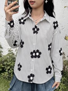 SHEIN 青少年女孩黑白條紋花卉印花寬鬆長袖襯衫，秋季學院風 - 黑與白 - 查看 9
