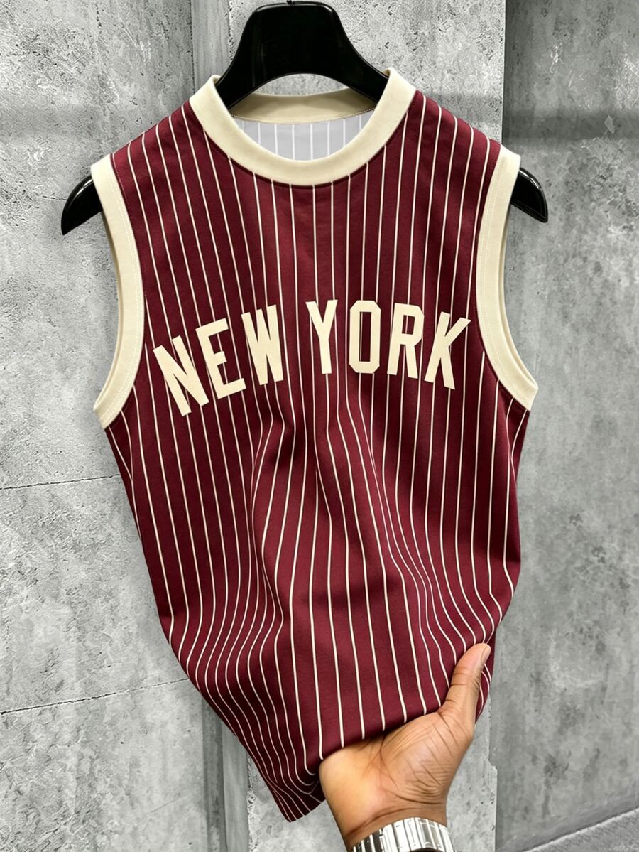 Manfinity Roghcode Men's Striped Letter Print Contrast Color Crew Neck Tank Top - Multicolor - View 1