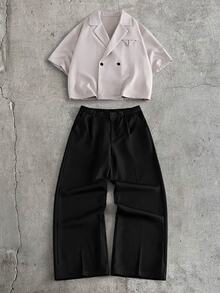 AXEPEAK Men's Solid Color Short Sleeve Shirt And Long Pants Casual Daily Outfit - Multicolor - View 2