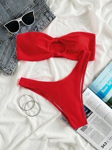 Swim Mod 女款夏季海灘純色無鋼圈抓皺比基尼上衣與三角褲兩件式泳衣套裝 - 紅色 - 查看 5
