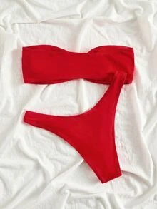 Swim Mod 女款夏季海灘純色無鋼圈抓皺比基尼上衣與三角褲兩件式泳衣套裝 - 紅色 - 查看 6
