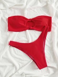 Swim Mod 女款夏季海灘純色無鋼圈抓皺比基尼上衣與三角褲兩件式泳衣套裝 - 紅色 - 查看 7