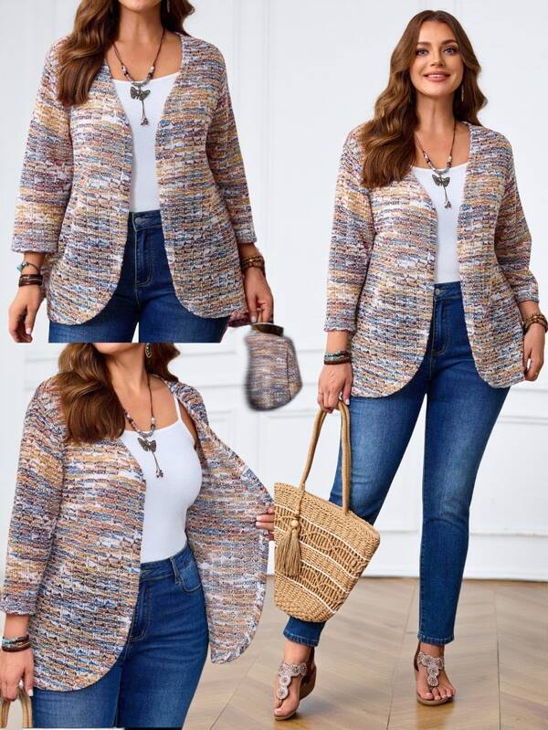 Rosumi Manteau court ajusté à manches 3/4 en maille ajourée à fleurs colorées pour femmes grandes tailles, idéal pour les vacances. Convient pour l'automne précoce, les concerts country bohèmes en hiver