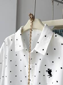 SHEIN Tween Girl 黑色白色波點印花開衩長袖襯衫，寬鬆休閒上衣 - 黑與白 - 查看 6