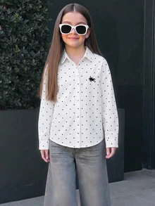 SHEIN Tween Girl 黑色白色波點印花開衩長袖襯衫，寬鬆休閒上衣 - 黑與白 - 查看 8