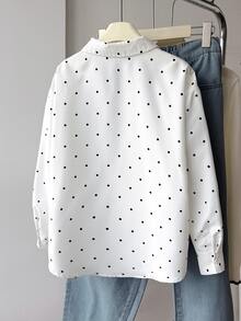 SHEIN Tween Girl 黑色白色波點印花開衩長袖襯衫，寬鬆休閒上衣 - 黑與白 - 查看 4