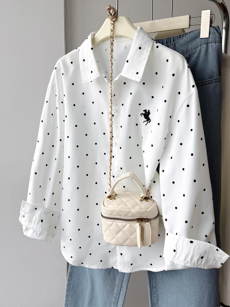 SHEIN Tween Girl Black White Polka Dot Print Slit Long Sleeve Blouse, Loose Casual Tops - Black and White - View 5