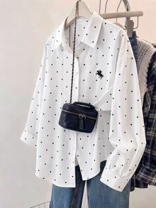 SHEIN Tween Girl 黑色白色波點印花開衩長袖襯衫，寬鬆休閒上衣 - 黑與白 - 查看 3