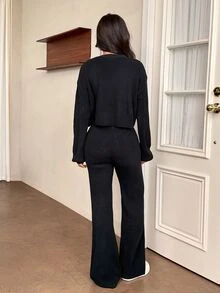 SHEIN PETITE 2pcs Women's Casual Solid Wide Strap Cardigan And Drawstring Waist Flare Pants Outfit In Fall/Winter - Black - View 2