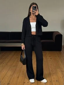 SHEIN PETITE 2pcs Women's Casual Solid Wide Strap Cardigan And Drawstring Waist Flare Pants Outfit In Fall/Winter - Black - View 7
