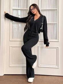 SHEIN PETITE 2pcs Women's Casual Solid Wide Strap Cardigan And Drawstring Waist Flare Pants Outfit In Fall/Winter - Black - View 5